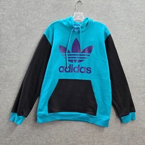 Adidas Men Sweatshirt Large Blue Colorblock Trefoil Fleece Drawstring Pullover